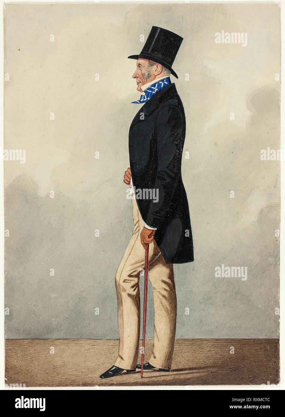 Portrait of Man in Black Coat and Blue and White Cravat. Richard Dighton; English, 1795-1880. Date: 1835-1840. Dimensions: 263 × 190 mm. Watercolor and gouache, selectively varnished, on cream board. Origin: England. Museum: The Chicago Art Institute. Stock Photo