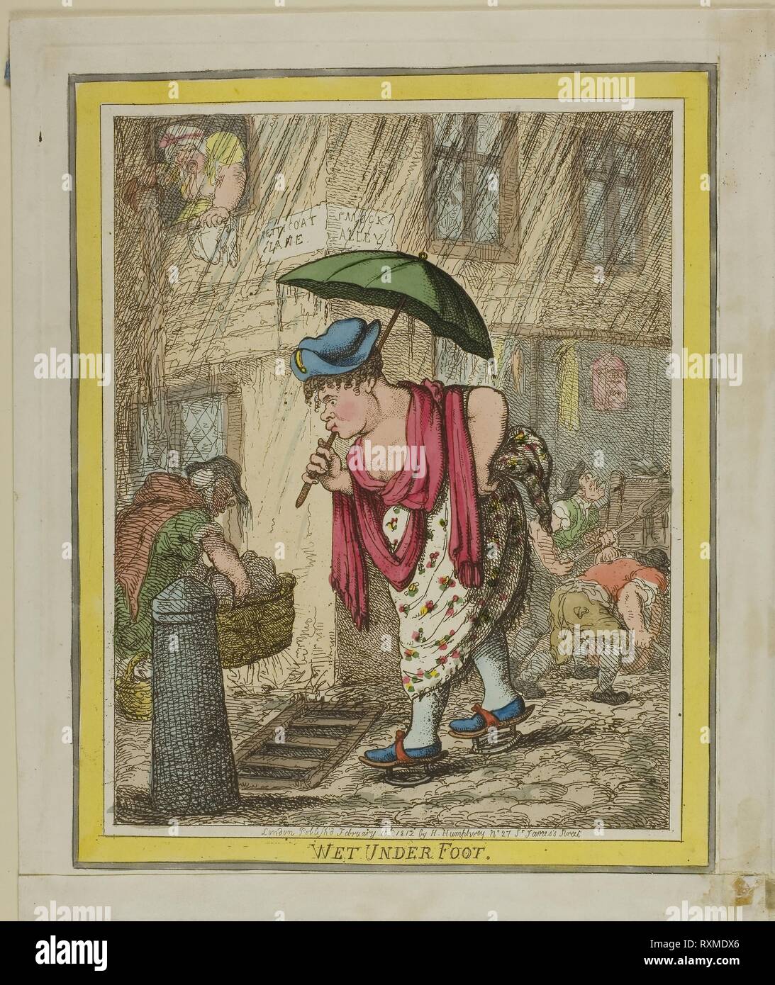 Wet Under Foot. Thomas Rowlandson (English, 1756-1827); published by Hannah Humphrey (English, 1745-1818) and Thomas Tegg (English, 1776-1845). Date: 1812. Dimensions: 255 x 200 mm. Hand-colored etching on ivory wove paper. Origin: England. Museum: The Chicago Art Institute. Stock Photo