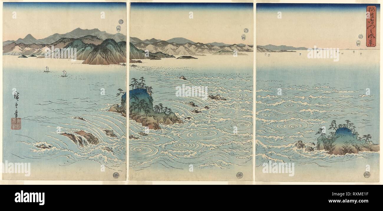 The Whirlpools in Naruto Strait, Awa Province (Awa Naruto no fukei). Utagawa Hiroshige ?? ??; Japanese, 1797-1858. Date: 1857. Dimensions: Each sheet: 36.1 x 25.1 cm (14 3/16 x 9 7/8in.). Color woodblock prints; oban triptych. Origin: Japan. Museum: The Chicago Art Institute. Stock Photo