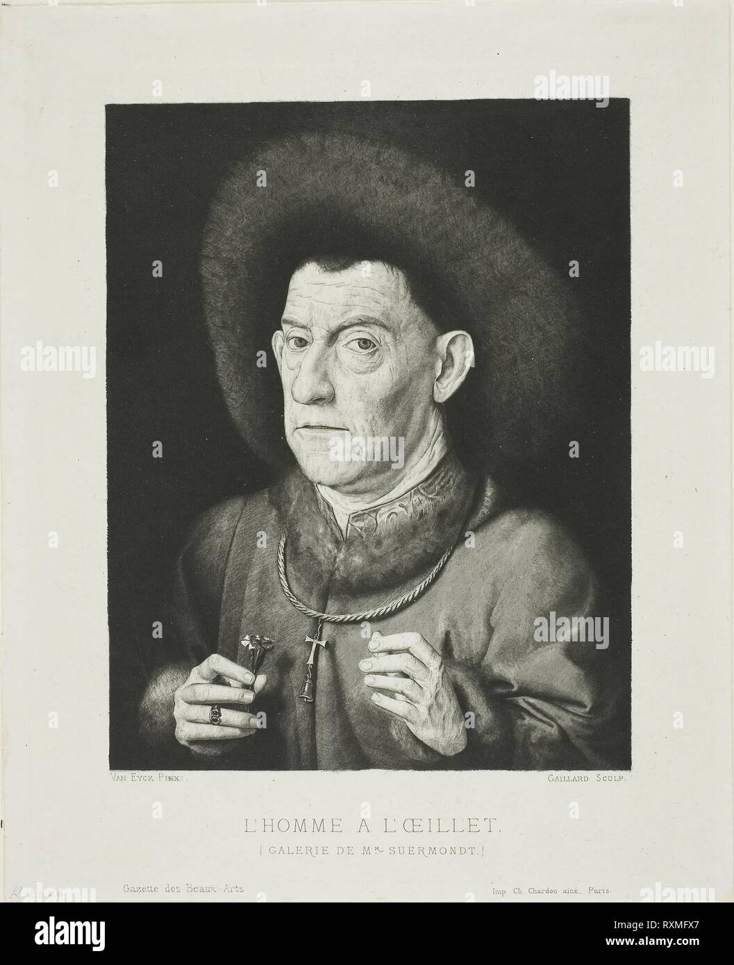 The Man with the Pink. Claude Ferdinand Gaillard (French, 1834-1887); after Jan van Eyck (Netherlandish, c. 1390-1441). Date: 1869. Dimensions: 201 × 163 mm. Engraving on ivory wove paper. Origin: France. Museum: The Chicago Art Institute. Stock Photo