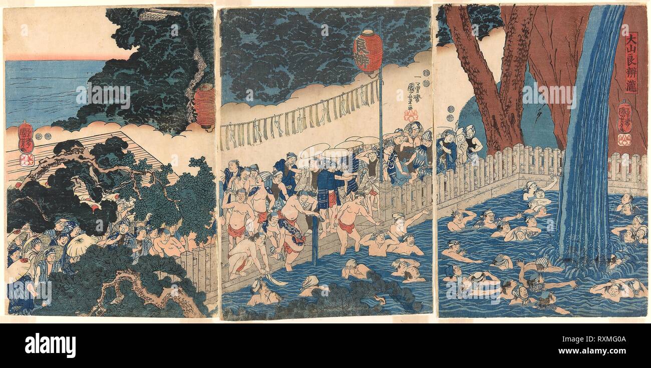 Roben Waterfall at Mount Oyama (Oyama Roben no taki). Utagawa Kuniyoshi; Japanese, 1797-1861. Date: 1813-1825. Dimensions: . Color woodblock prints; oban triptych. Origin: Japan. Museum: The Chicago Art Institute. Stock Photo