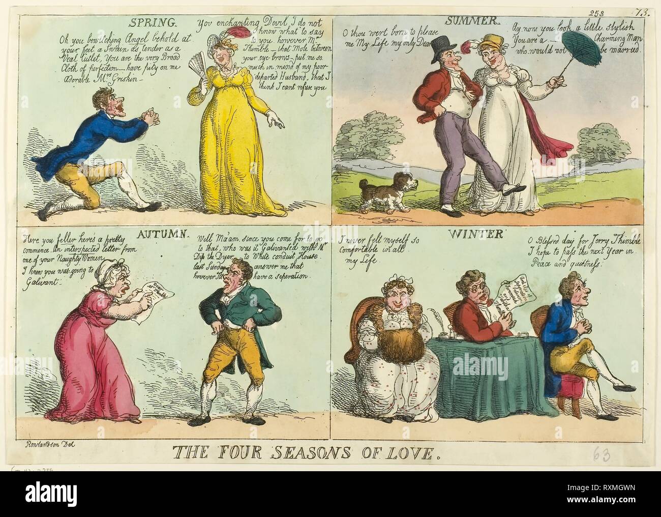 The Four Seasons of Love. Thomas Rowlandson (English, 1756-1827); published by Thomas Tegg (English, 1776-1845). Date: 1814. Dimensions: 225 × 330 mm (image); 243 × 340 mm (sheet, trimmed to platemark). Hand-colored etching on ivory wove paper. Origin: England. Museum: The Chicago Art Institute. Stock Photo