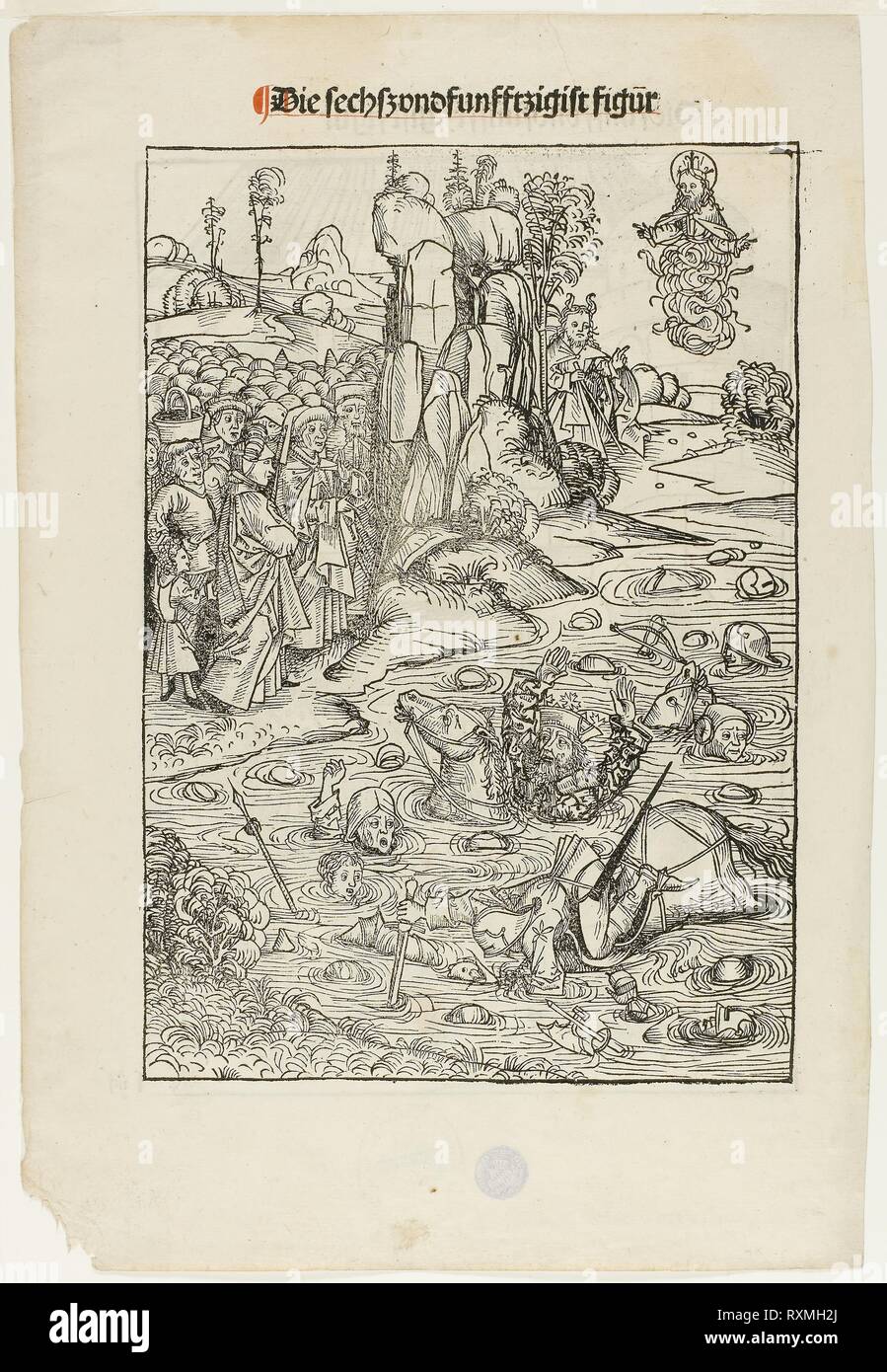 Pharoah and His Host Perishing in the Red Sea (verso); The Freeing of King Joachim of Jerusalem (recto), pages 56 and 55, from the Treasury (Schatzbehalter). Michael Wolgemut and Workshop (German, 1434/37-1519); published by Anton Koberger (German, 1440-1513). Date: 1491. Dimensions: 252 x 180 mm (image/block, verso) 250 x 173 mm; (image/block, recto); 335 x 228 mm (sheet). Woodcut in black on cream laid paper. Origin: Germany. Museum: The Chicago Art Institute. Stock Photo