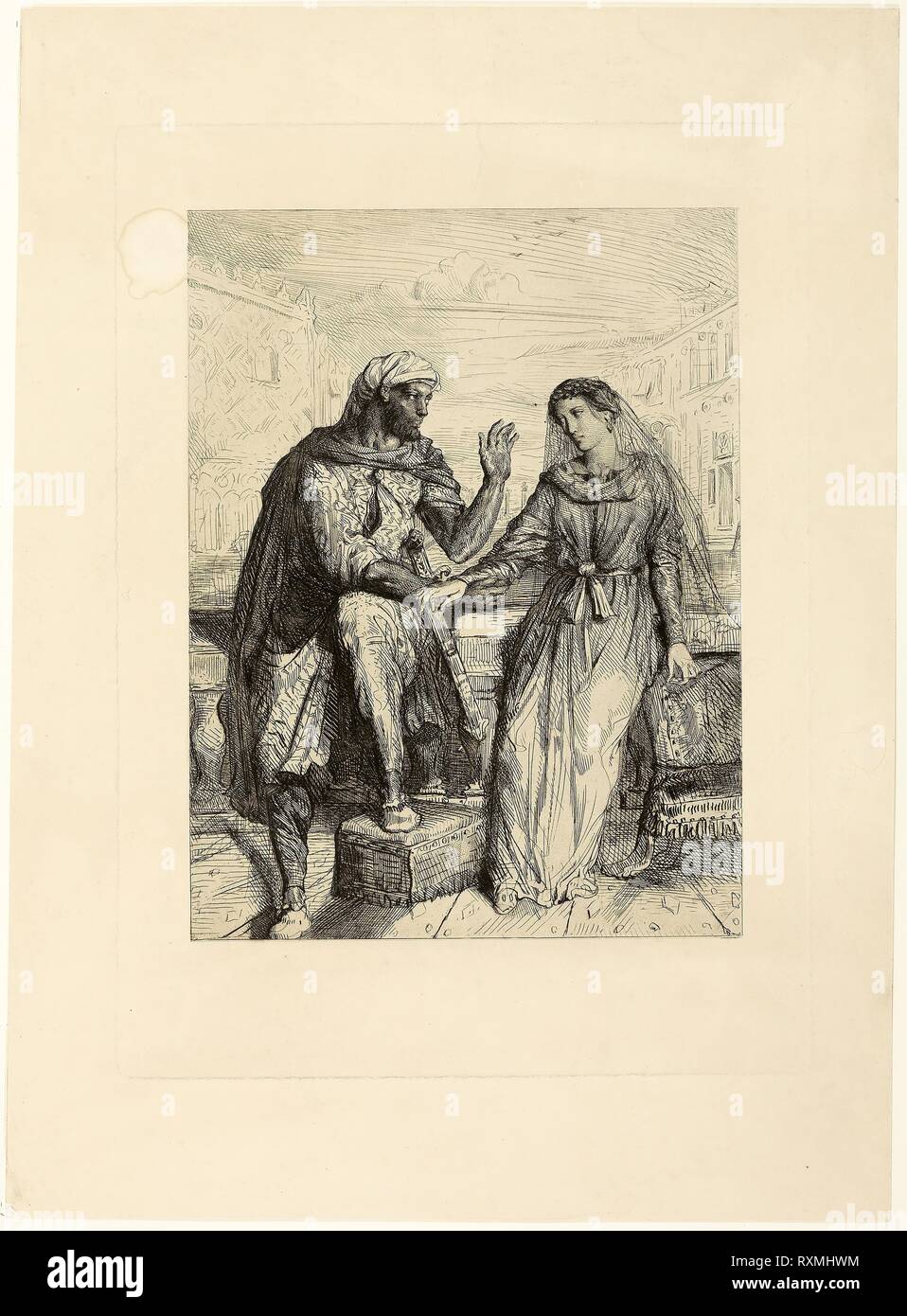 She Thank'd Me, plate two from Othello. Théodore Chassériau; French, 1819-1856. Date: 1844. Dimensions: 278 × 211 mm (image/chine); 364 × 265 mm (plate); 465 × 339 mm (sheet). Etching, engraving, roulette and drypoint on ivory China paper, laid down on ivory wove paper. Origin: France. Museum: The Chicago Art Institute. Stock Photo