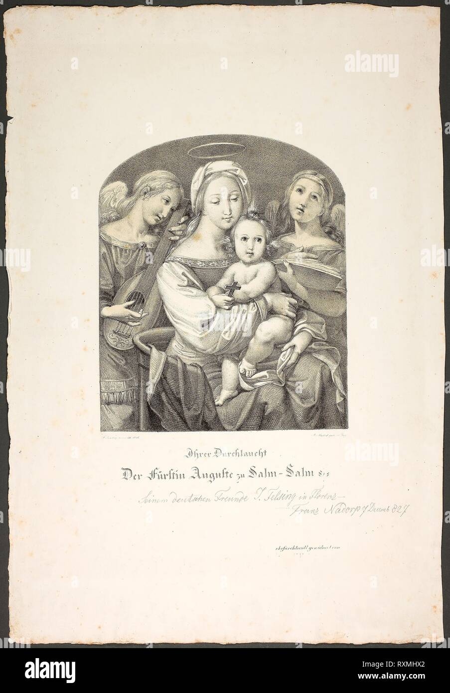 Madonna with the Christ Child. Franz Johann Heinrich Nadorp; German, 1794-1876. Date: 1825-1826. Dimensions: 215 x 180 mm (image); 460 x 315 mm (sheet). Lithograph on cream wove paper. Origin: Germany. Museum: The Chicago Art Institute. Stock Photo