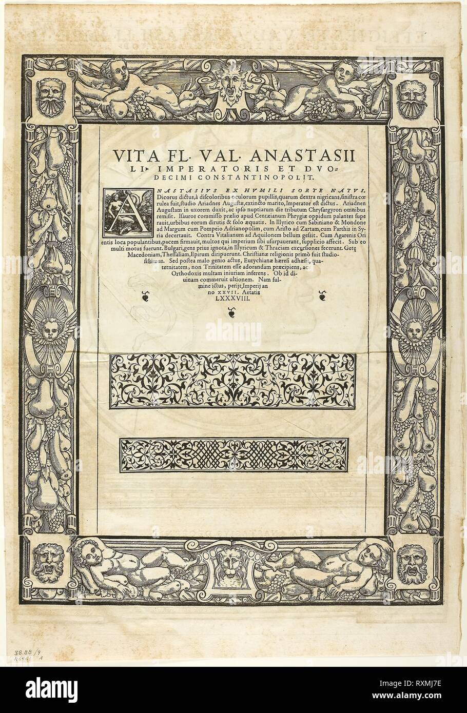 Decorative Border (recto) and Portrait of Emporer Anastasius (verso), plate  nine from Woodcuts from Books of the XVI Century. Attributed to Hans Rudolf  Manuel Deutsch (Swiss, 1525-1572) or Peter Flötner (German, 1485/96-1546);