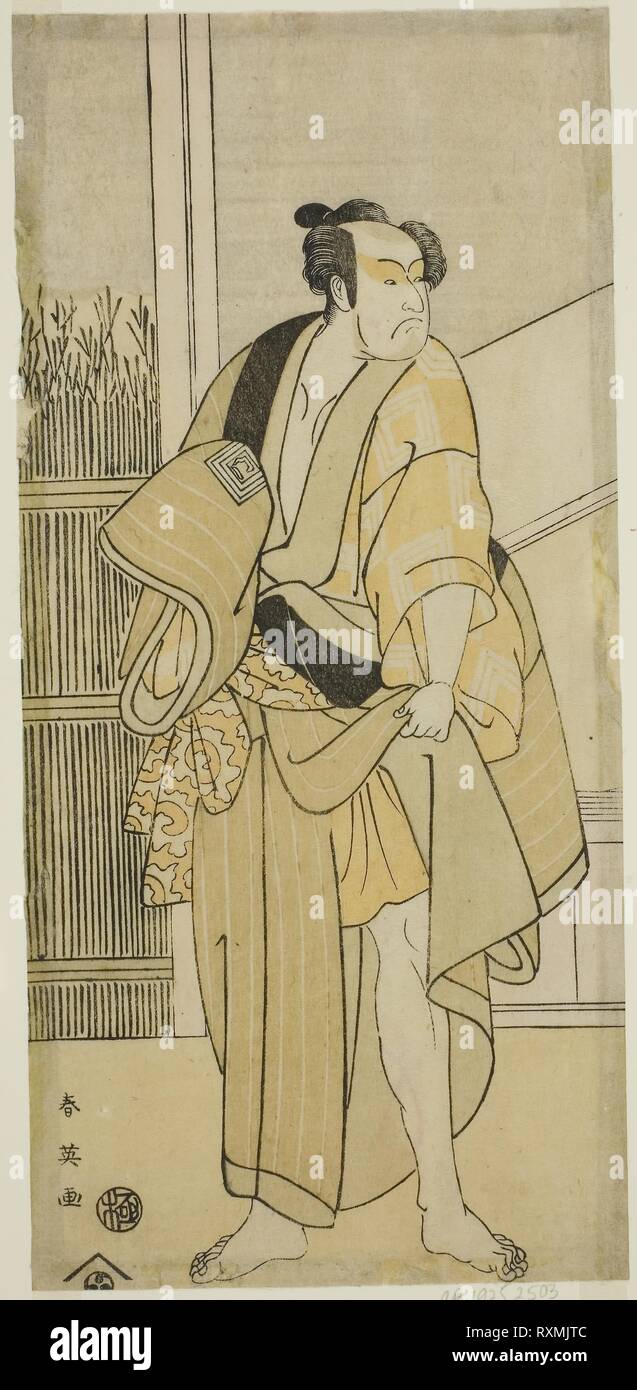 The Actor Ichikawa Monnosuke II as Hiranoya Tokubei (?) in the Play Waka Murasaki Edokko Soga (?), Performed at the Ichimura Theater (?) in the Third Month, 1792 (?). Katsukawa Shun'ei; Japanese, 1762-1819. Date: 1787-1797. Dimensions: 28.5 x 13.5 cm (11 1/4 x 5 5/16 in.). Color woodblock print; hosoban; left sheet of triptych (?). Origin: Japan. Museum: The Chicago Art Institute. Stock Photo