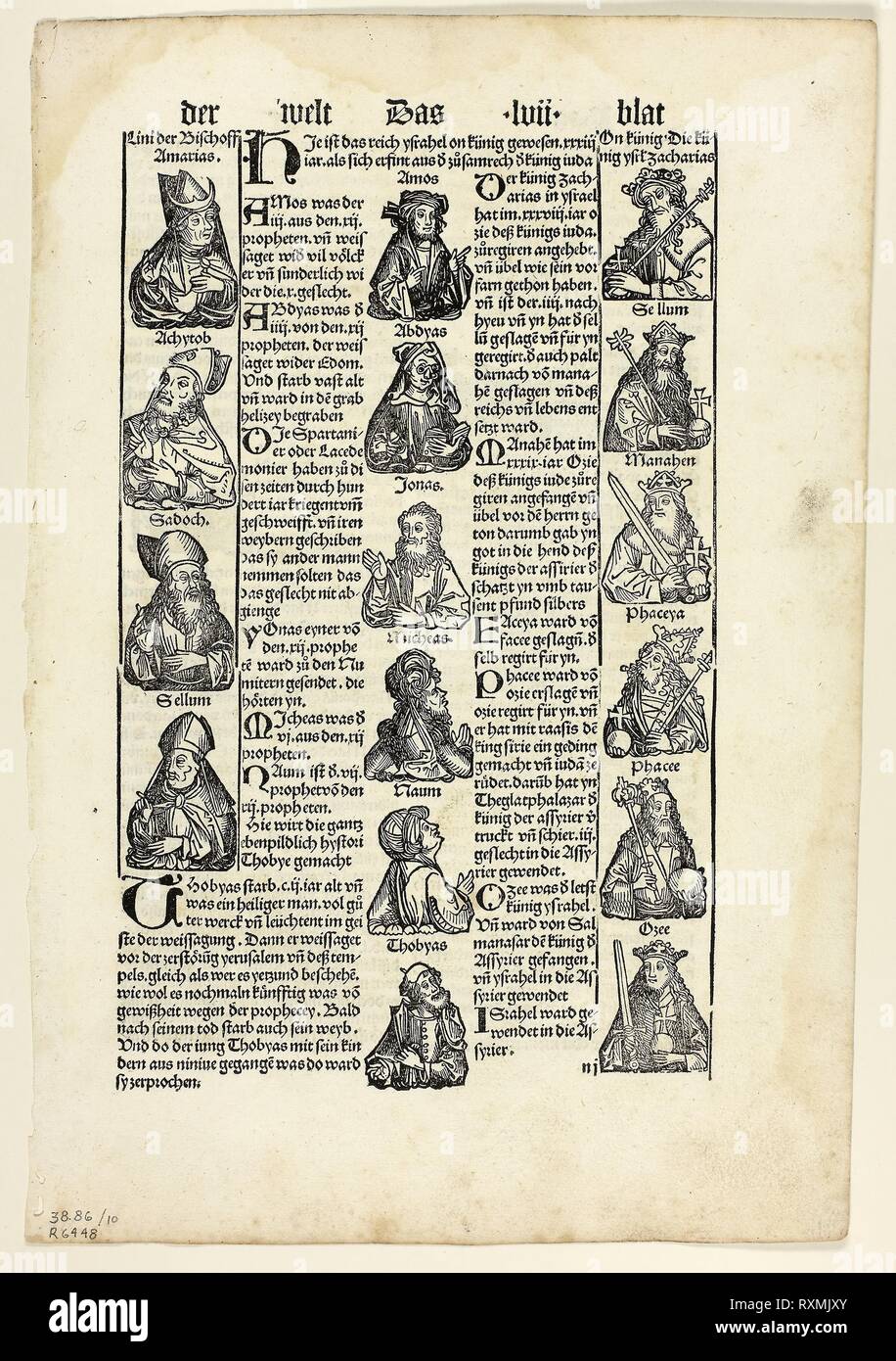 Bishops, Prophets, and Kings from Schedel Weltchronik (Schedel's World History), Plate 10 from Woodcuts from Books of the 15th Century. Unknown Artist (Augsburg, 15th century); printed and published by Johann Schönsperger the Elder (German, ca. 1455-1521); original text by Hartmann Schedel (German, 1440-1514); portfolio text by Wilhelm Ludwig Schreiber (German, 1855-1932). Date: 1496. Dimensions: 300 x 205 mm. Woodcut and letterpress in black (recto and verso) on cream laid paper, tipped onto cream wove paper mat. Origin: Germany. Museum: The Chicago Art Institute. Stock Photo