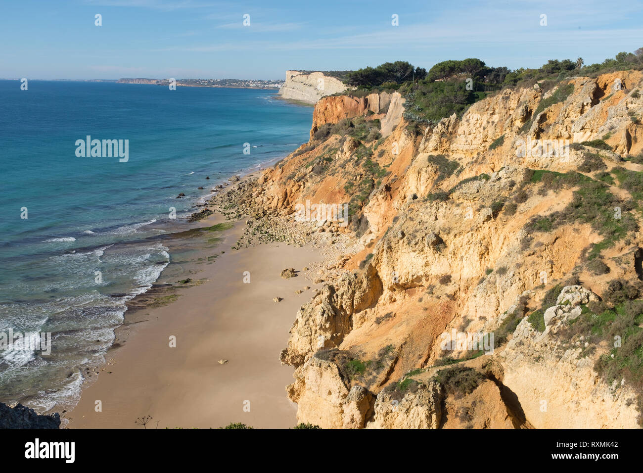 Beach during low tide in Lagos, Algarve, Portugal Stock Photo