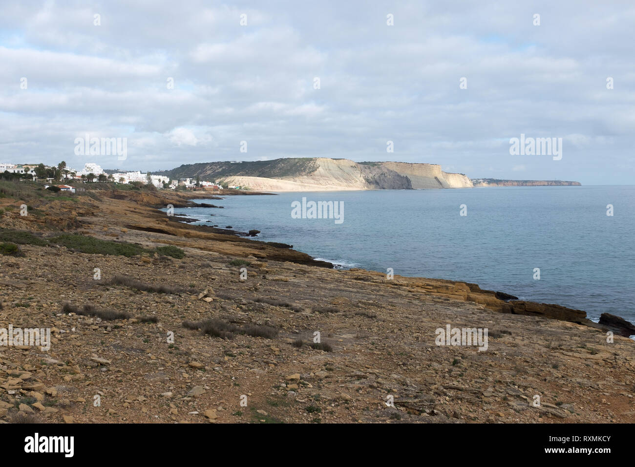 View on Praia da Luz from Burgau side. Algarve, Portugal Stock Photo