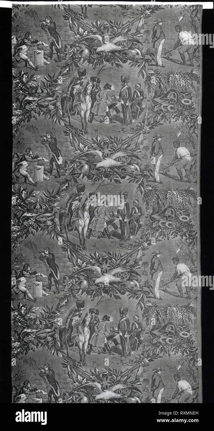 Episodes de la Vie de Napoléon Ier (Episodes from the life of Napoleon the first) (Furnishing Fabric). Designed by George Zipelius (French, 1808-1890) after Eugene-Louis Lami (French, 1800-1890), Horace Vernet (French, 1789-1863), and Jean-Pierre-Marie Jazet (French, 1788-1871); Manufactured by Koechlin-Ziegler; France, Alsace, Mulhouse. Date: 1839-1840. Dimensions: 168.3 x 73.1 cm (66 1/4 x 28 3/4 in.)  Warp repeat: 44.6 cm (17 1/2 in.). Cotton, plain weave; engraved roller printed. Origin: Mulhouse. Museum: The Chicago Art Institute. Stock Photo