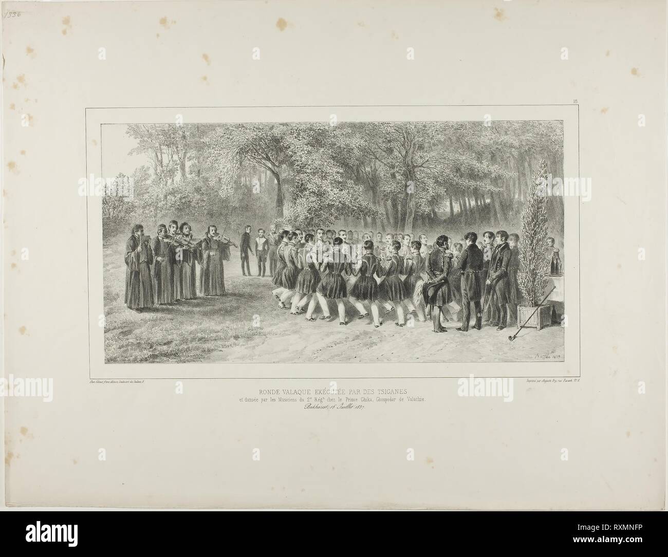 Wallachian Round, Performed by the Tsiganes and Danced by the Second Regiment Musicians at the Home of Prince Ghika, Ghospodar, Wallachia. Denis Auguste Marie Raffet (French, 1804-1860); printed by Auguste Bry (French, 19th century); published by Chez Gihaut Frères (French, 19th century). Date: 1839. Dimensions: 166 × 318 mm (image); 166 × 318 mm (primary support); 357 × 458 mm (secondary support). Lithograph in black on ivory chine laid down on ivory wove paper. Origin: France. Museum: The Chicago Art Institute. Stock Photo