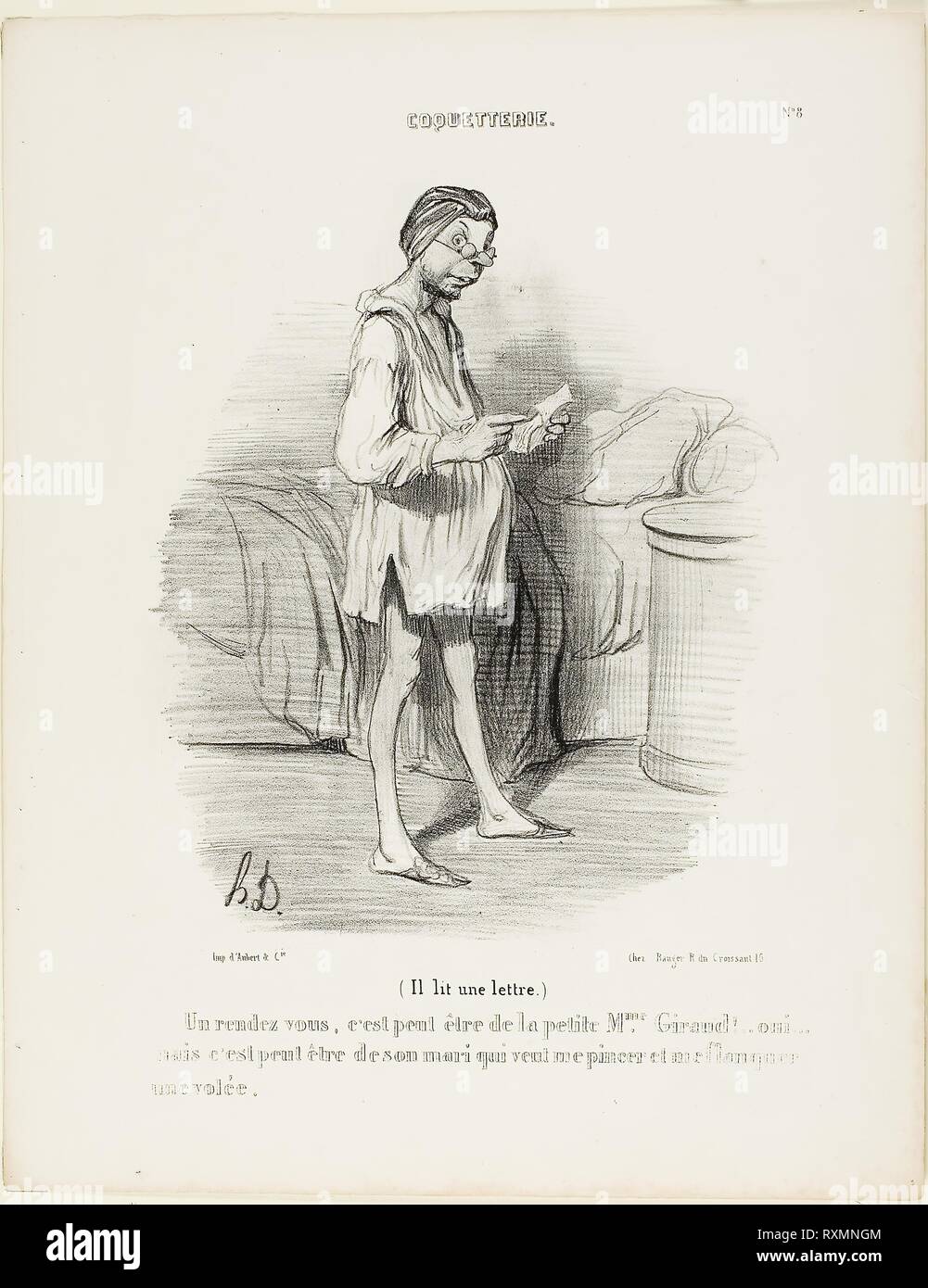 (He is reading a letter) 'A date, could it be from the cute Mme Giraud?? Yes, but it could also come from her husband who wants to pinch me...,' plate 8 from Coquetterie. Honoré Victorin Daumier; French, 1808-1879. Date: 1840. Dimensions: 218 × 182 mm (image); 343 × 267 mm (sheet). Lithograph in black on off-white wove paper. Origin: France. Museum: The Chicago Art Institute. Stock Photo