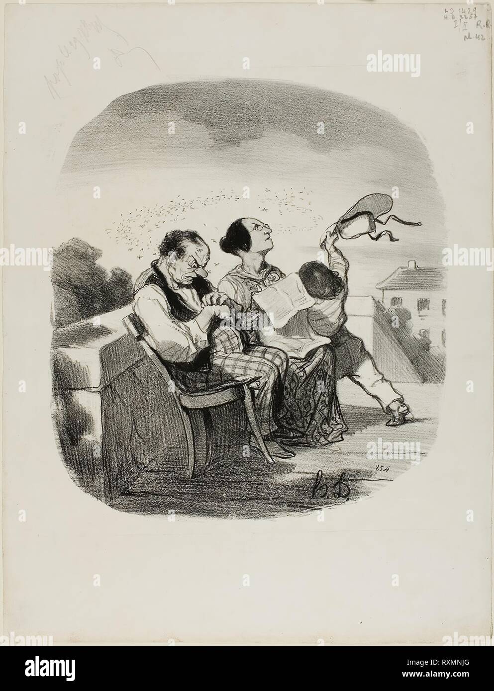 The Advantage of Sharing the Fresh Air on an Italian Terrace Together with a Great Number of Insects, plate 42 from Pastorales. Honoré Victorin Daumier; French, 1808-1879. Date: 1846. Dimensions: 250 × 225 mm (image); 358 × 275 mm (sheet). Lithograph in black on white wove paper. Origin: France. Museum: The Chicago Art Institute. Author: Honoré-Victorin Daumier. Stock Photo