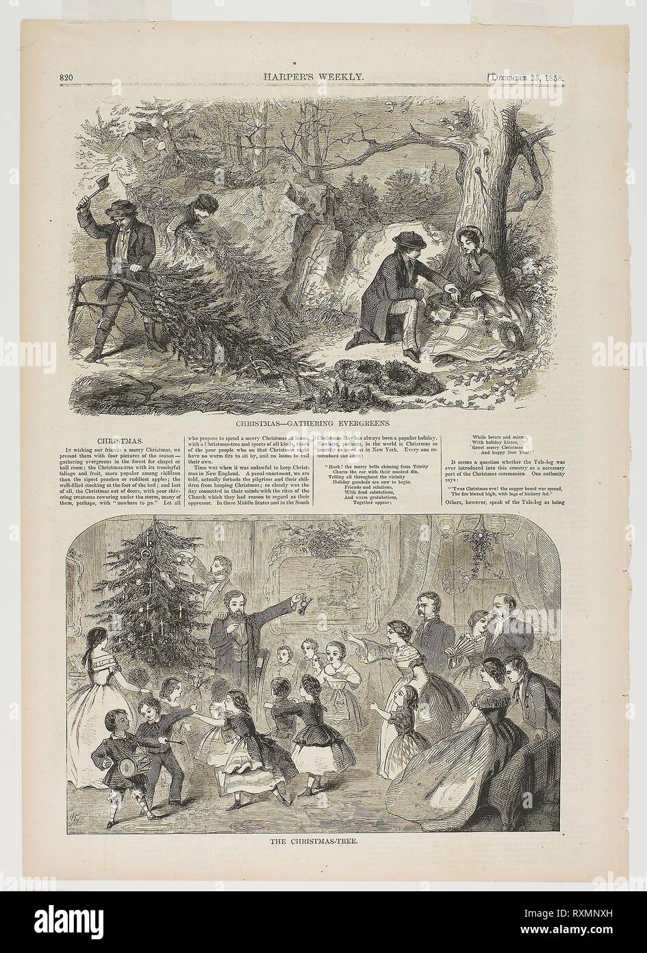 Christmas--Gathering Evergreens and The Christmas-Tree. Winslow Homer (American, 1836-1910); published by Harper's Weekly (American, 1857-1916). Date: 1858. Dimensions: 149 x 230 mm (image, Gathering); 150 x 233 mm (image, Tree); 404 x 288 mm (sheet). Wood engravings on paper. Origin: United States. Museum: The Chicago Art Institute. Stock Photo