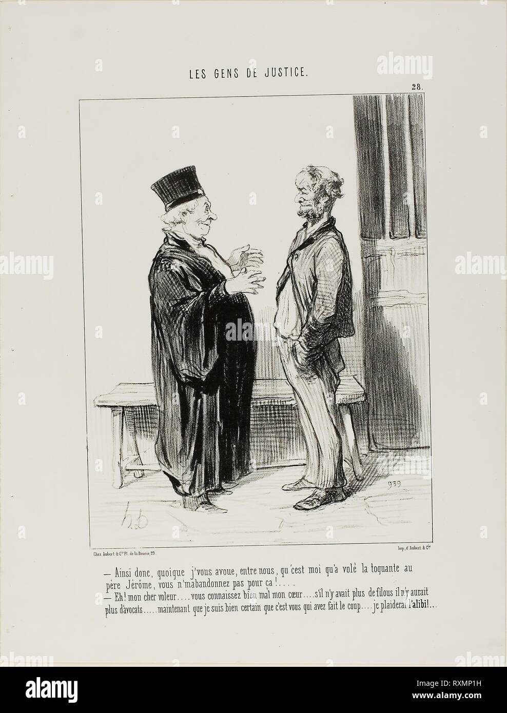 '- So even if I admit, between us, that I stole Father Jerome's watch, you won't drop my case? - My dear thief, you really don't understand my position... if there were no offenders there would hardly be any lawyers.... Now that I know you are guilty, I will work on your alibi...,' plate 28 from Les Gens De Justice. Honoré Victorin Daumier; French, 1808-1879. Date: 1846. Dimensions: 233 × 178 mm (image); 343 × 263 mm (sheet). Lithograph in black on white wove paper. Origin: France. Museum: The Chicago Art Institute. Stock Photo