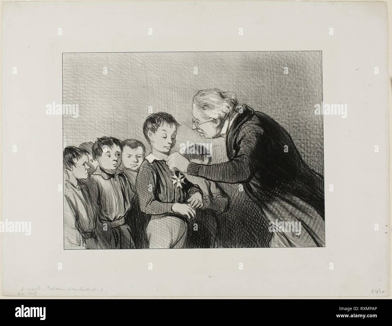 '- Mr. Alfred Cabassol! You are the only one in the class who succeeded to get through the entire week without blowing your nose into your sleeve. Please stand to receive this prize of honour for cleanliness,' plate 6 from Professeurs Et Moutards. Honoré Victorin Daumier; French, 1808-1879. Date: 1846. Dimensions: 182 × 242 mm (image); 275 × 357 mm (sheet). Lithograph in black on white wove paper. Origin: France. Museum: The Chicago Art Institute. Stock Photo