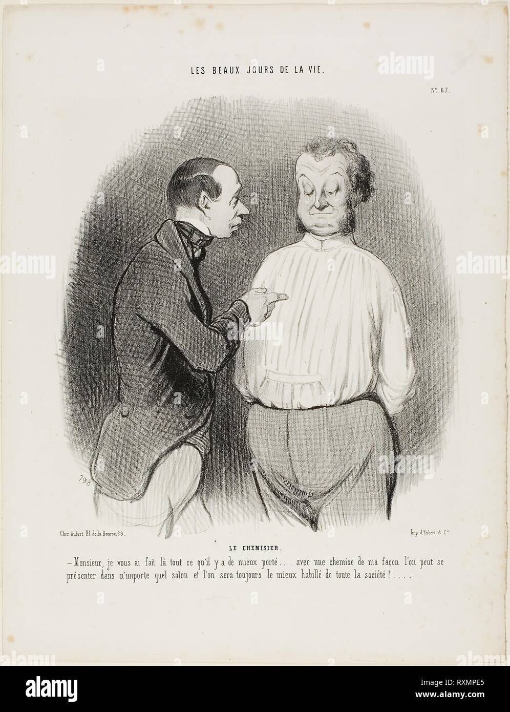 The Shirt Maker. "Sir, I have tailored here for you the best that is presently available..... with a shirt of my making one can present oneself in no matter what Salon and one will always be the best dressed man of the party," plate 67 from Les Beaux Jours De La Vie. Honoré Victorin Daumier; French, 1808-1879. Date: 1845. Dimensions: 243 × 222 mm (image); 358 × 275 mm (sheet). Lithograph in black on white wove paper. Origin: France. Museum: The Chicago Art Institute. Author: Honoré-Victorin Daumier. Stock Photo