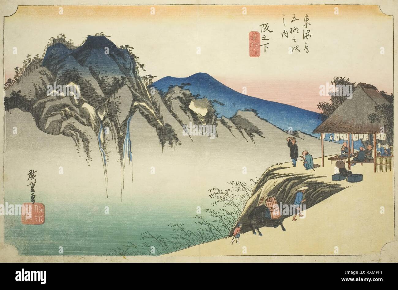 Sakanoshita: Peak of Fudesute Mountain (Sakanoshita, Fudesute mine), from the series 'Fifty-three Stations of the Tokaido (Tokaido gojusan tsugi no uchi),' also known as the Hoeido Tokaido. Utagawa Hiroshige ?? ??; Japanese, 1797-1858. Date: 1828-1839. Dimensions: 24.1 x 36.2 cm (9 1/2 x 14 1/4 in.). Color woodblock print; oban. Origin: Japan. Museum: The Chicago Art Institute. Stock Photo