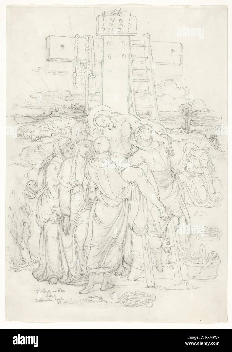 Descent from the Cross with a Silhouette of Jerusalem in the Background. Franz Johann Heinrich Nadorp; German, 1794-1876. Date: 1852. Dimensions: 408 × 287 mm. Graphite, with smudging, on ivory wove paper. Origin: Germany. Museum: The Chicago Art Institute. Stock Photo
