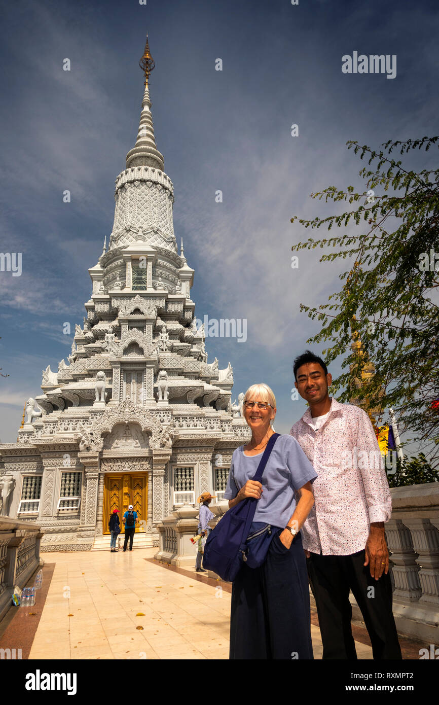 Cambodia, Phnom Penh, Oudong, senior tourist and guide at Buddha’s eyebrow relic stupa built in 2002 Stock Photo