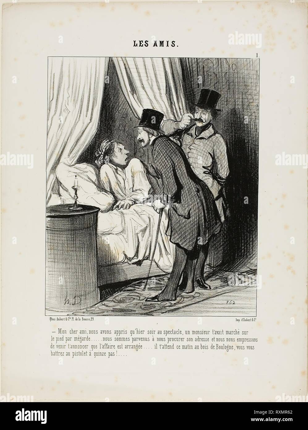 '- My dear friend, we have learned yesterday at the theatre that a gentleman has inadvertedly stepped on your foot.... We have come to get his address and we are eager to announce that the affair is arranged.... He is waiting for you this morning in the Bois de Boulogne. You will raise pistols at a distance of 15 paces,' plate 1 from Les Amis. Honoré Victorin Daumier; French, 1808-1879. Date: 1845. Dimensions: 231 × 190 mm (image); 358 × 275 mm (sheet). Lithograph in black on ivory wove paper. Origin: France. Museum: The Chicago Art Institute. Stock Photo