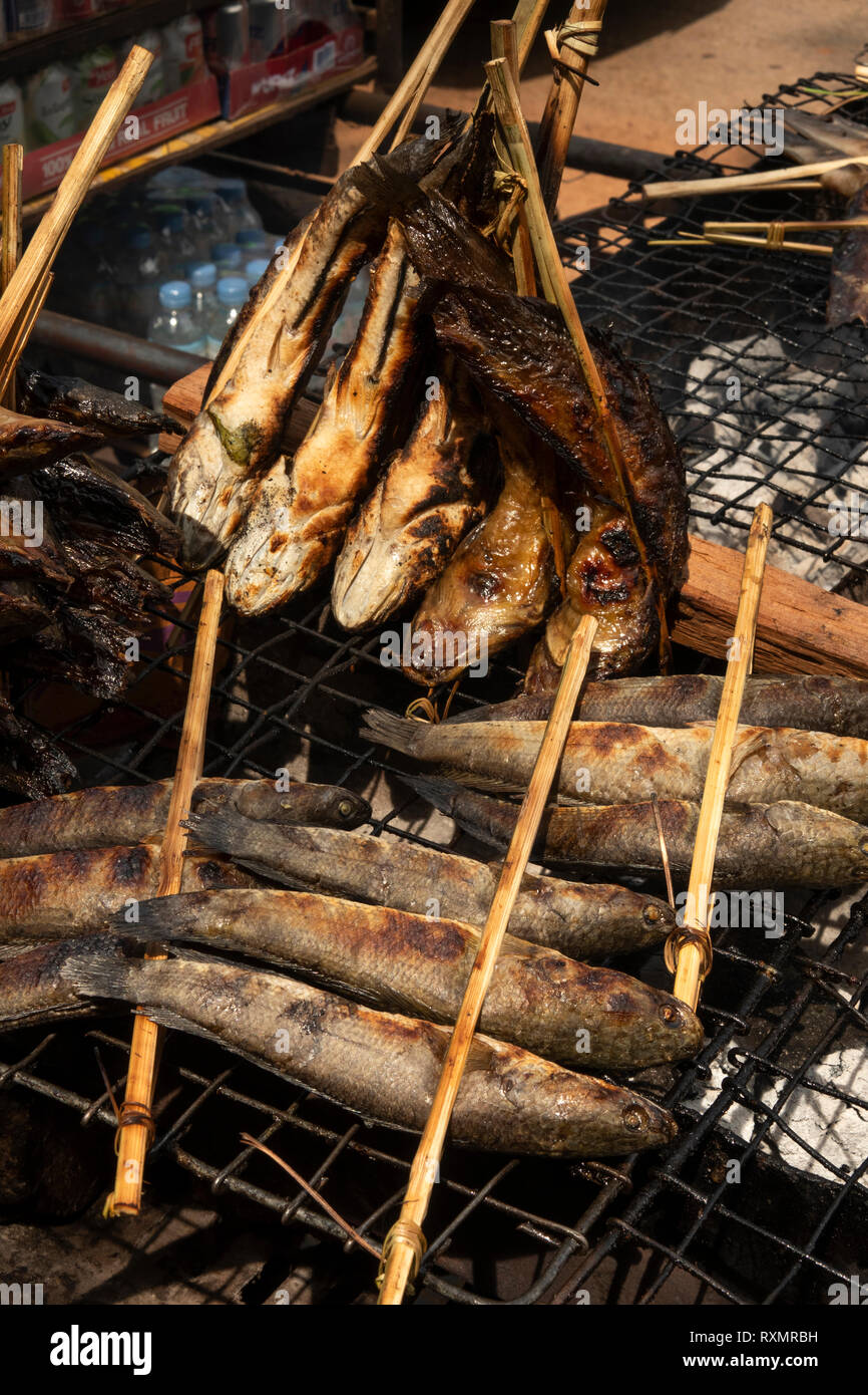 Cambodia, Phnom Penh, Oudong, food market, barbecued river fish held in bamboo for sale to eat Stock Photo