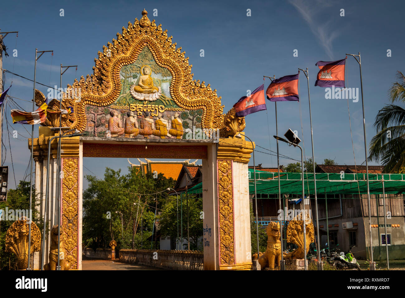 Cambodia, Tboung Khmum Province , Krong Suong, highly decorative entrance gateway to town Wat Stock Photo