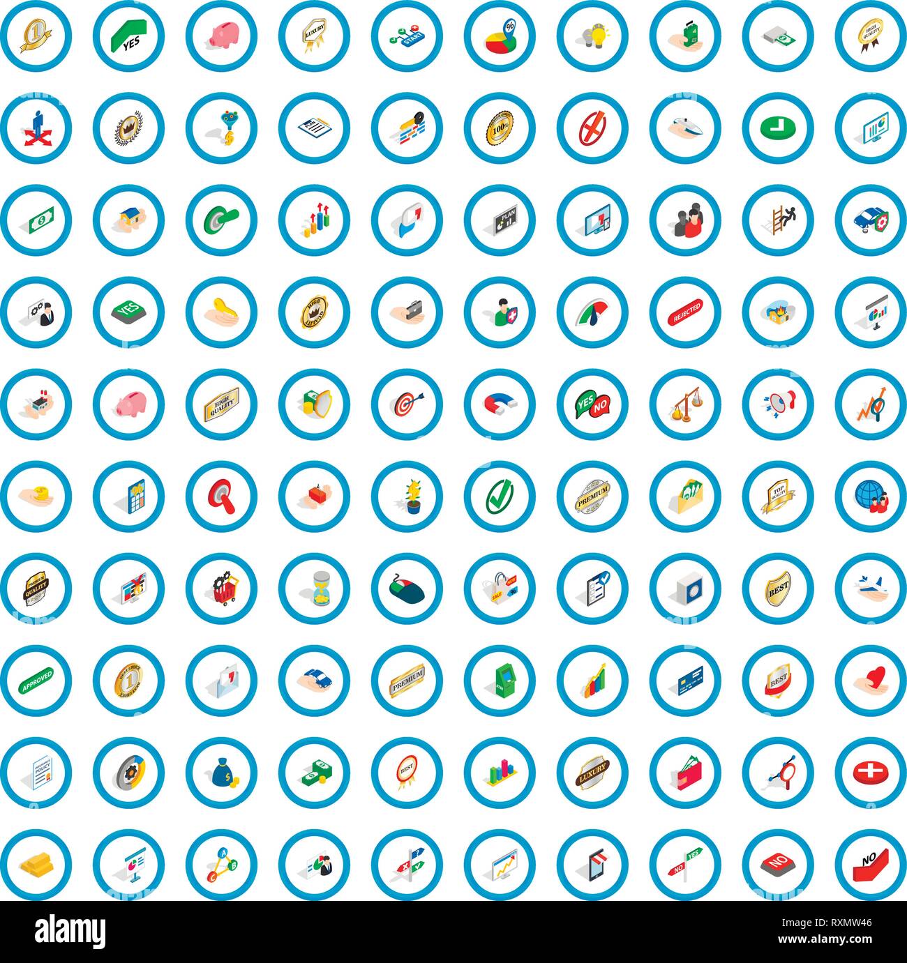 100 excellence icons set, isometric 3d style Stock Vector