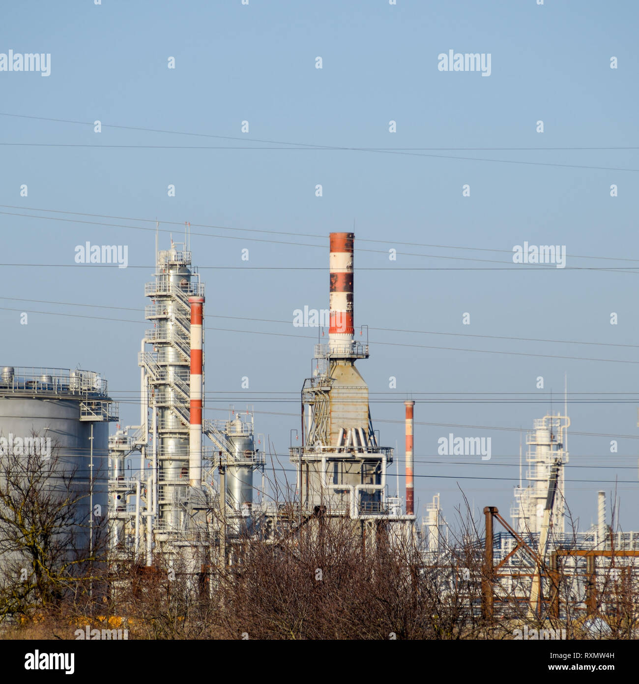 Distillation columns, pipes and other equipment furnaces refinery. The