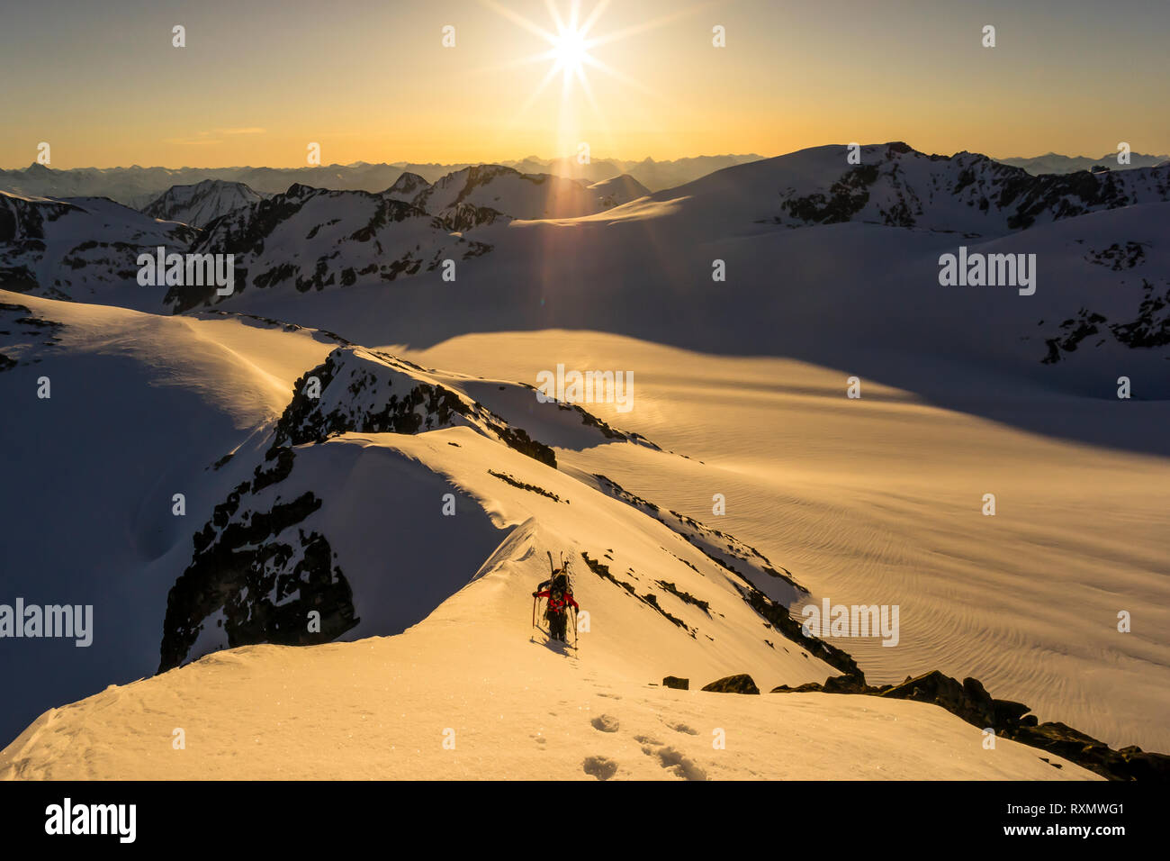 Two male mountaineers on the Northeast Arete of Wedge Mountain, Garibaldi Provincial Park, BC, Canada Stock Photo