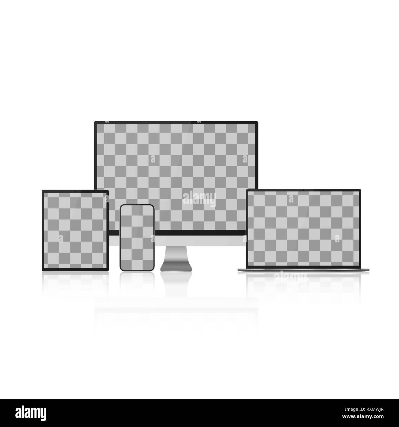 Set of Device Mock Up. Realistic Computer, Laptop, Tablet and Smartphone with Empty Transparent Screen. Vector Illustration Isolated on Transparent Ba Stock Vector