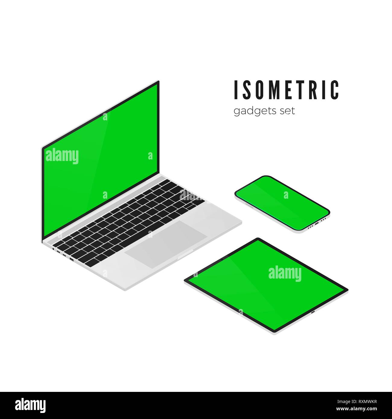 Laptop and mobile phone, tablet isometric view. Isometric gadgets set with green screens for banner design. Vector illustration Stock Vector