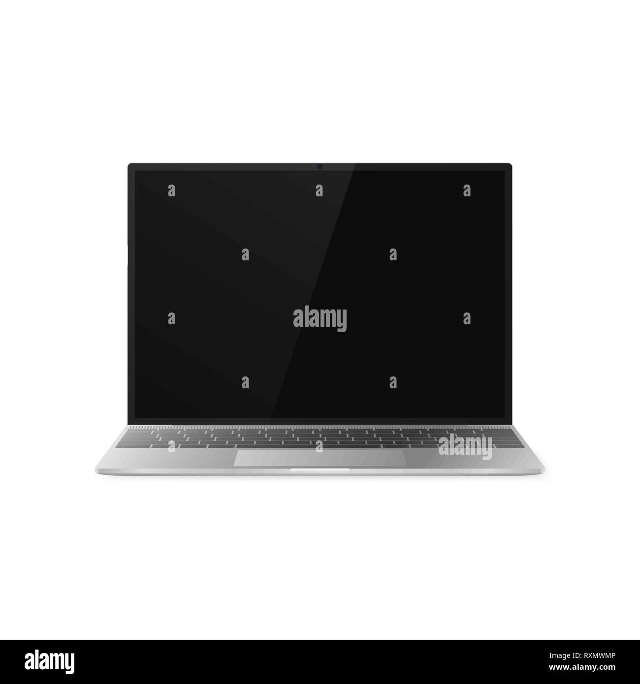 Laptop front view. Laptop with shadow isolated on white background. Laptop design with black display and gray keyboard. Vector illustration Stock Vector