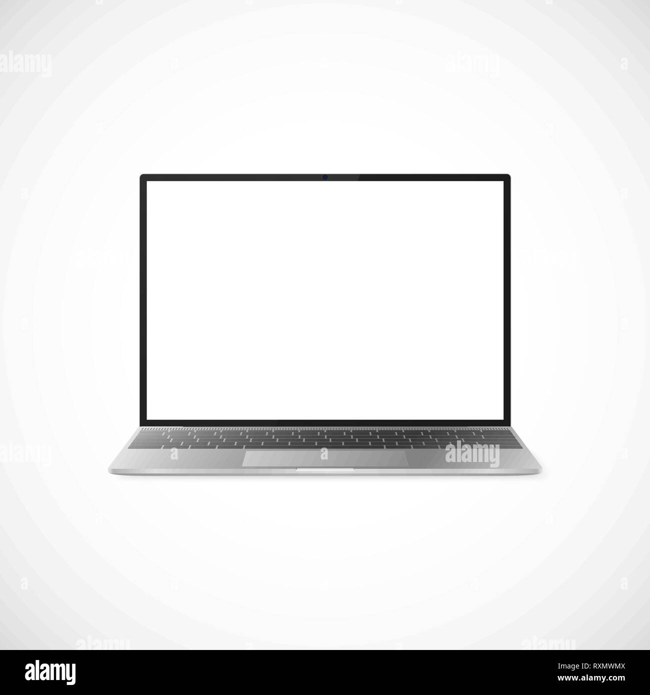 Laptop with shadow isolated on white background. Laptop design with black display and gray keyboard. Laptop front view. Vector illustration Stock Vector