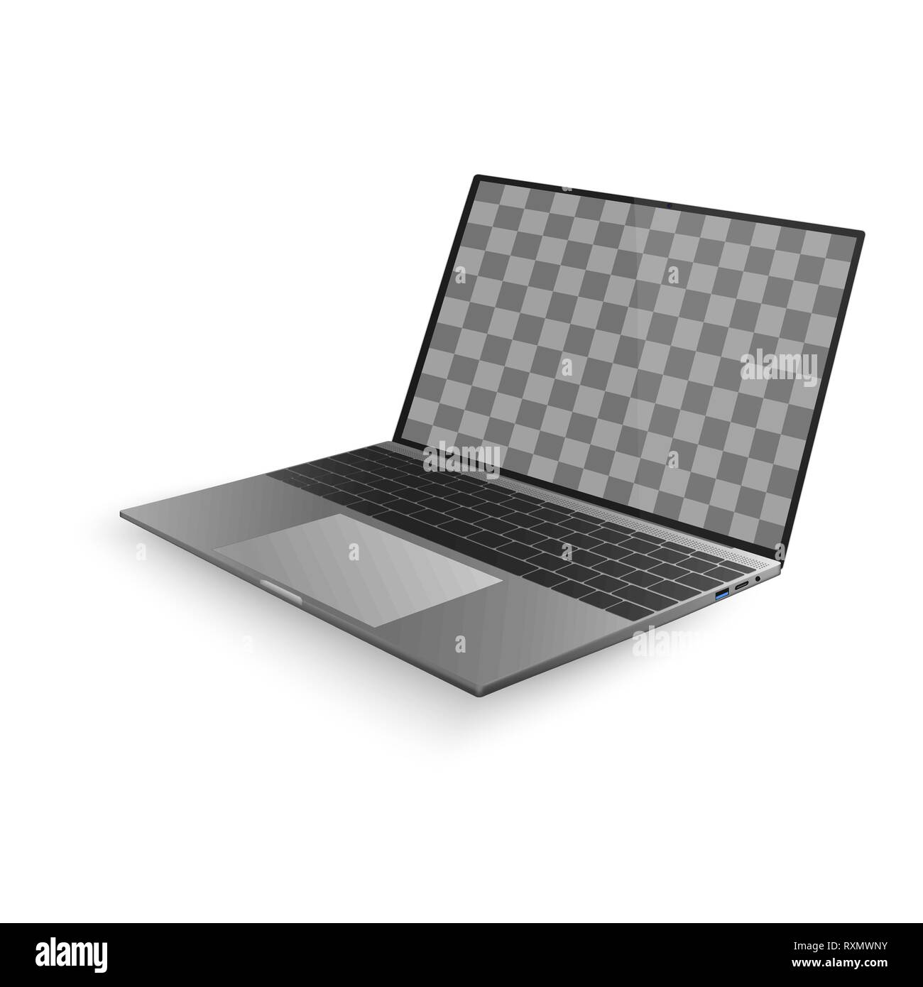 Laptop with shadow isolated on white background. Laptop design with black display and gray keyboard. Vector illustration Stock Vector