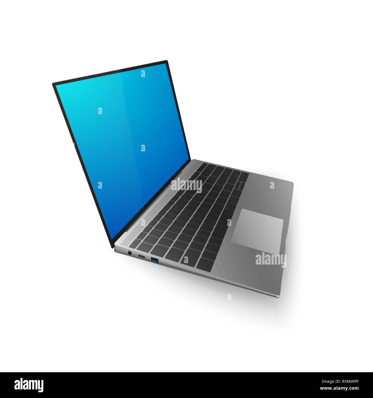 Laptop mock up. 3D laptop with bkue screen for you design or banner. Vector illustration isolated on white background Stock Vector
