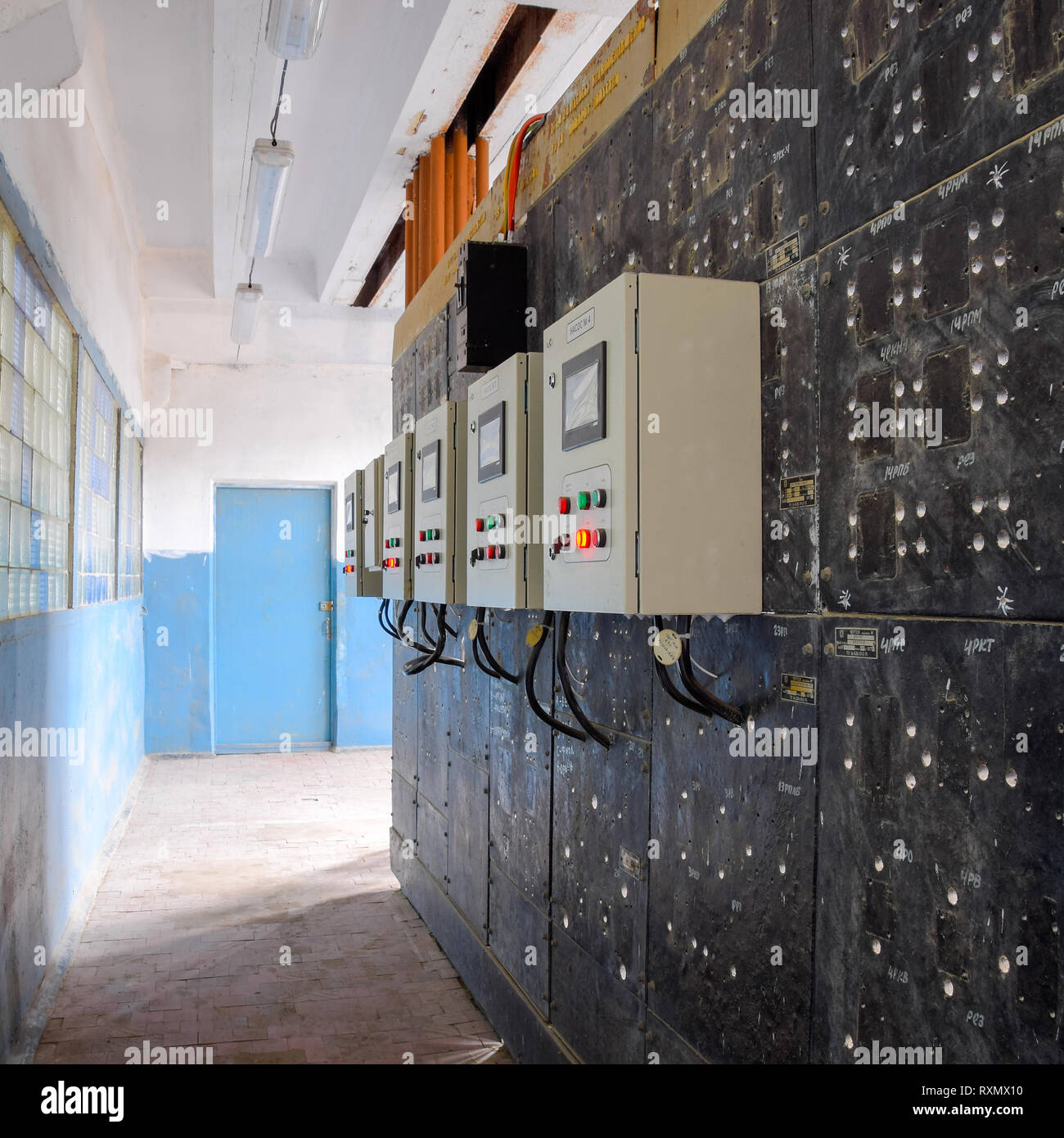 Electrical switchboard pumping station. Control units and electrical equipment of pumps Stock