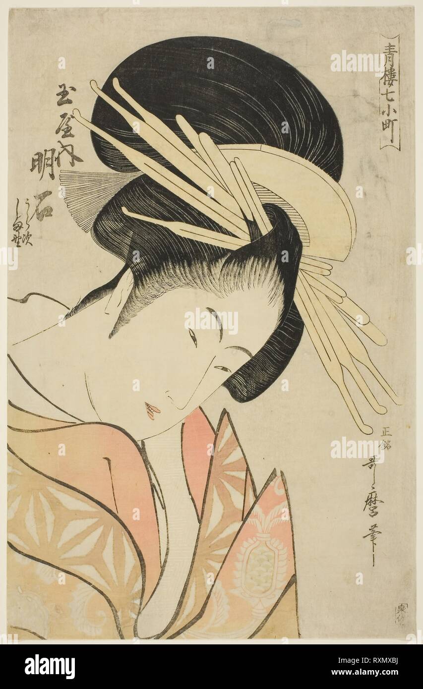 Akashi of the Tamaya, from the series Seven Komachis of Yoshiwara (Seiro nana Komachi) (Tamaya uchi Akashi, Uraji, Shimano). Kitagawa Utamaro ??? ??; Japanese, 1753 (?)-1806. Date: 1789-1800. Dimensions: 37.7 x 24.2 cm (14 13/16 x 9 3/4 in.). Color woodblock print; oban. Origin: Japan. Museum: The Chicago Art Institute. Stock Photo