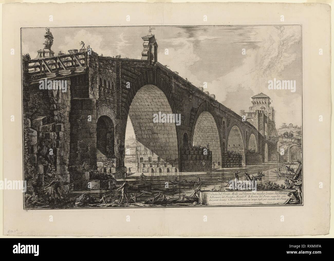 View of the Ponte Molle [or Milvian Bridge] over the Tiber two miles outside Rome, from Views of Rome. Giovanni Battista Piranesi; Italian, 1720-1778. Date: 1762. Dimensions: 437 x 675 mm (image); 440 x 677 mm (plate); 562 x 788 mm (sheet). Etching on heavy ivory laid paper. Origin: Italy. Museum: The Chicago Art Institute. Stock Photo