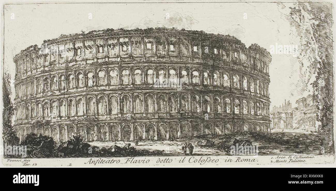 Flavian ampitheater, called the Colosseum. 1. Arch of Constantine. 2. Palatine Hill, plate 12 from Some Views of Triumphal Arches and other Monuments. Giovanni Battista Piranesi; Italian, 1720-1778. Date: 1747-1748. Dimensions: 126 x 269 mm (image); 134 x 271 mm (plate); 341 x 461 mm (sheet). Etching on ivory laid paper. Origin: Italy. Museum: The Chicago Art Institute. Stock Photo