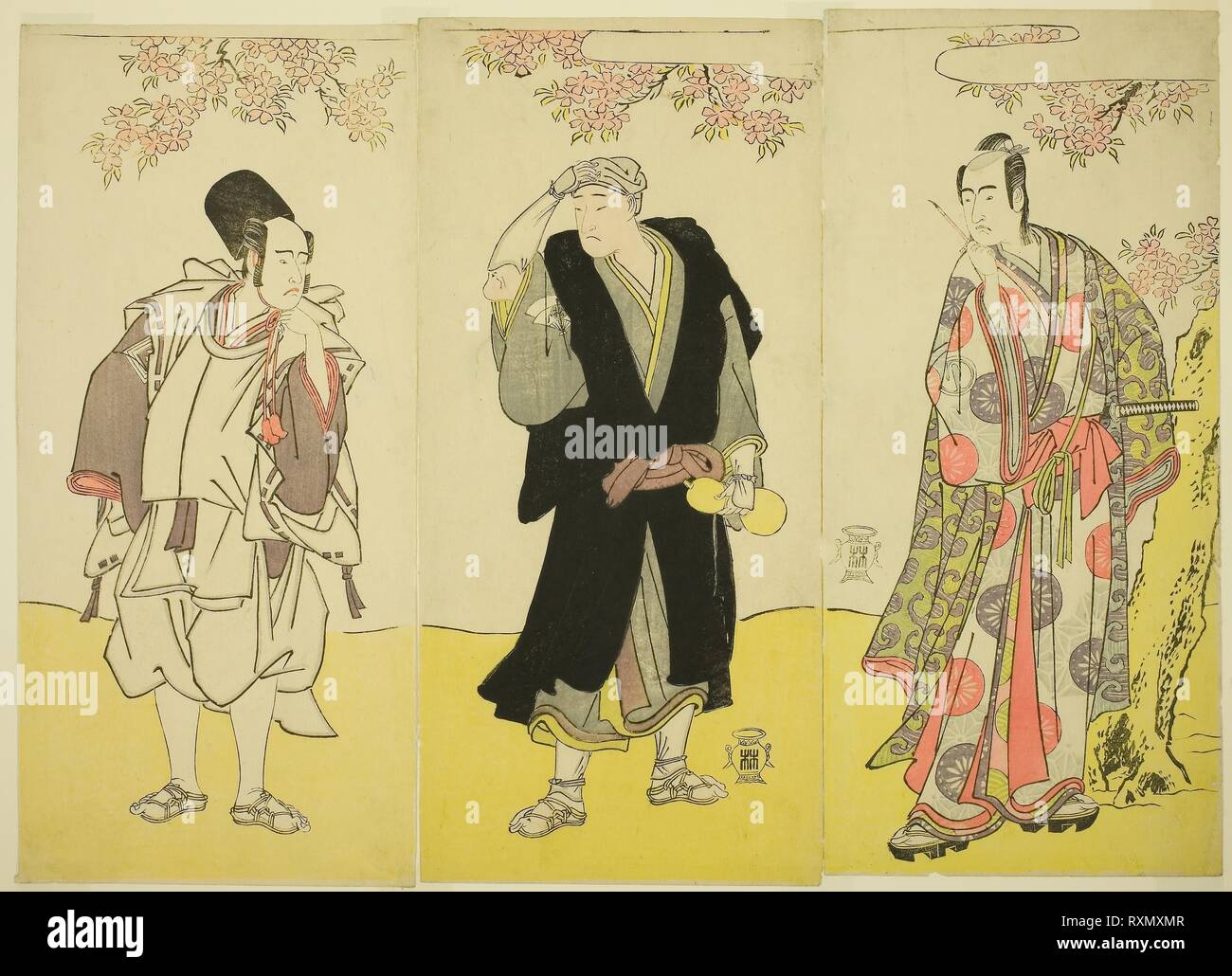 The Actors Sawamura Sojuro III as Kusunoki Tatewaki Masatsura (right), Onoe  Matsusuke I as the Monk Sahei Bozu (center) and Ichikawa Yaozo III as the  Prince's Servant Kusunoki Uraminosuke (left), in the
