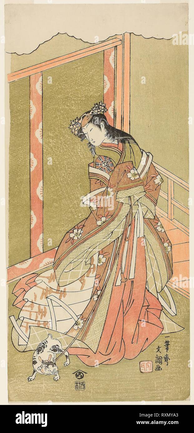 The Actor Nakamura Noshio I as the Third Princess (Nyosan no Miya) in the Play Fuki Kaete Tsuki mo Yoshiwara (Rethatched Roof: The Moon also Shines Over the Yoshiwara Pleasure District), Perfromed at the Morita Theater from the First Day of the Eleventh Month, 1771. Ippitsusai Buncho; Japanese, active c. 1755-90. Date: 1766-1776. Dimensions: 32.5 × 15 cm (12 13/16 × 5 7/8 in.). Color woodblock print; hosoban. Origin: Japan. Museum: The Chicago Art Institute. Stock Photo