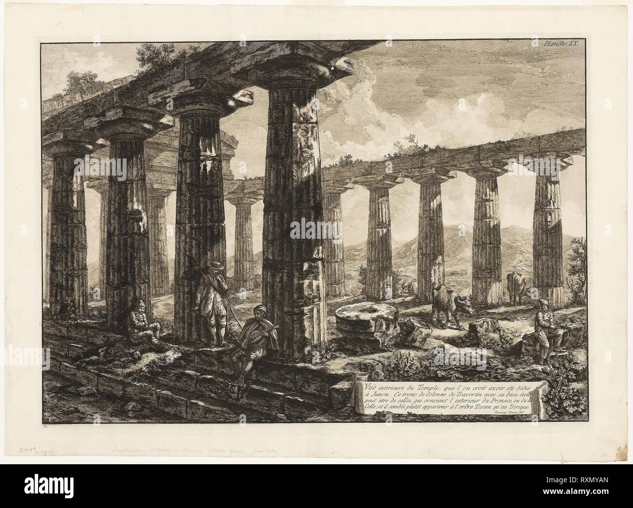 Interior View of the Temple Which is Believed to Have Been Dedicated to Juno, from Different views of Paestum. Giovanni Battista Piranesi; Italian, 1720-1778. Date: 1778. Dimensions: 472 x 670 mm (image); 480 x 680 mm (plate); 562 x 765 mm (sheet). Etching on ivory laid paper. Origin: Italy. Museum: The Chicago Art Institute. Stock Photo