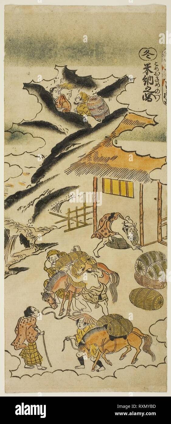 Winter: Storing Rice (Fuyu: kome osame no zu), No. 4 from the series 'The Four Seasons of Farmers (Shiki no hyakusho)'. Torii Kiyomasu II; Japanese, 1706 (?)-1763 (?). Date: 1730-1739. Dimensions: 12 1/8 x 5 1/8 in. Hand-colored woodblock print; hosoban, urushi-e. Origin: Japan. Museum: The Chicago Art Institute. Stock Photo
