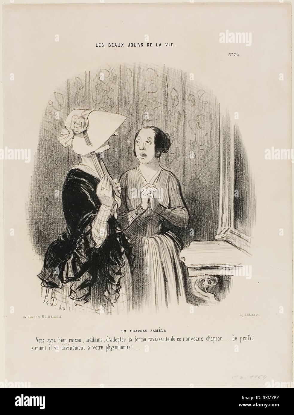 The Pamela Hat. 'You are perfectly right Madame to adopt this ravishing form of a new hat...... especially from the side it matches beautifully your physiognomy.....!,'plate 76 from Les Beaux Jours De La Vie. Honoré Victorin Daumier; French, 1808-1879. Date: 1845. Dimensions: 235 × 214 mm (image); 352 × 265 mm (sheet). Lithograph in black on ivory wove paper. Origin: France. Museum: The Chicago Art Institute. Stock Photo