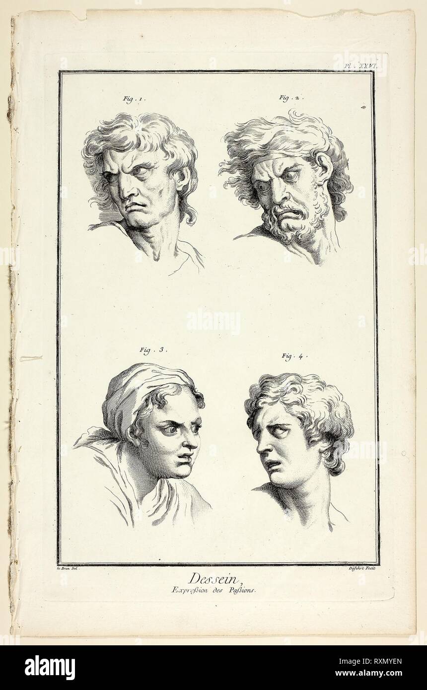Drawing: Expressions of Emotion (Hate or Jealousy, Anger, Desire, Physical Pain), from Encyclopédie. A. J. Defehrt (French, active 18th century); after Charles le Brun (French, active 17th century-1765); published by André le Breton (French, 1708-1779), Michel-Antoine David (French, c. 1707-1769), Laurent Durand (French, 1712-1763), and Antoine-Claude Briasson (French, 1700-1775). Date: 1762-1777. Dimensions: 317 × 215 mm (image); 355 × 225 mm (plate); 400 × 260 mm (sheet). Etching with engraving on cream laid paper. Origin: France. Museum: The Chicago Art Institute. Stock Photo
