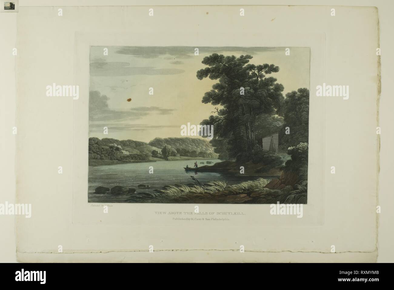 View above the Falls of Schuylkill, plate three of the first number of Picturesque Views of American Scenery. John Hill (American, 1770-1850); after Joshua Shaw (American, born England, c. 1777-1860); published by Matthew Carey &amp; Son (American, active 1795-1821). Date: 1818-1821. Dimensions: 244 x 343 mm (image); 300 x 389 mm (plate); 382 x 560 mm (sheet). Aquatint with etching and hand-coloring on cream wove paper. Origin: United States. Museum: The Chicago Art Institute. Stock Photo
