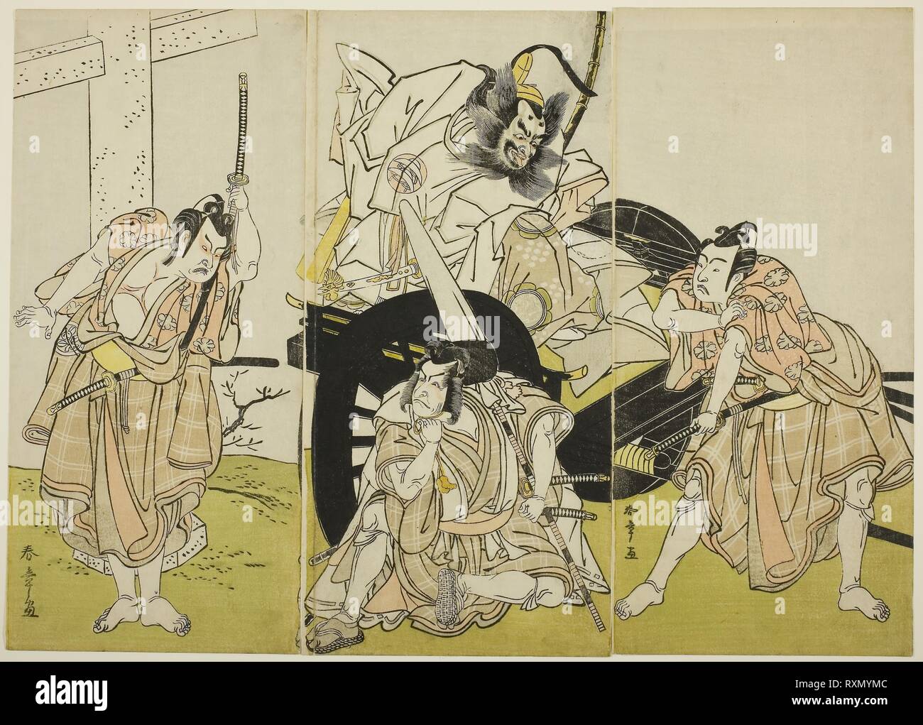 The Actors Nakajima Mihoemon II as Fujiwara no Shihei, Minister of the Left (center, in the carriage), Ichikawa Ebizo III as Matsuo-maru (center, kneeling on the ground), Ichikawa Yaozo II as Sakura-maru (right), and Ichimura Uzaemon IX as Umeo-maru (left), in the 'Carriage Stopping' (Kuruma-biki) Scene from the Play Sugawara Denju Tenarai Kagami (Sugawara's Secrets of Calligraphy), Performed at the Ichimura Theater from the Sixteenth Day of the Seventh Month, 1776. Katsukawa Shunsho ?? ??; Japanese, 1726-1792. Date: 1771-1781. Dimensions: 31.2 x 14.4 cm (12 5/16 x 5 11/16 in.) (right); 31.2 x Stock Photo