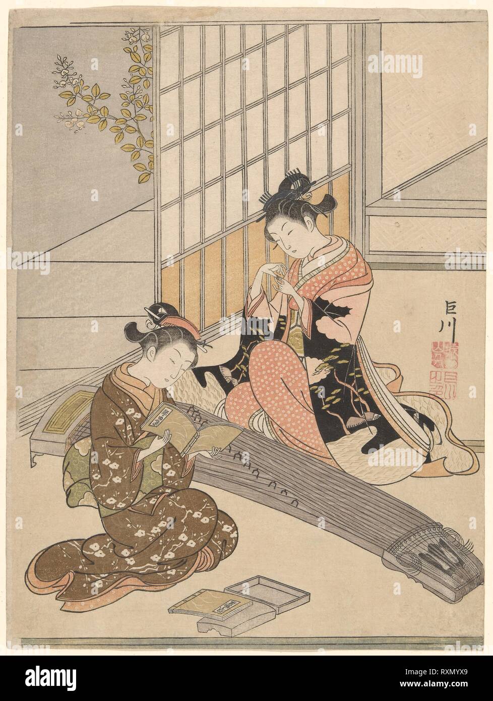 Descending Geese of the Koto Bridges (Kotoji no rakugan), from the series 'Eight Views of the Parlor (Zashiki hakkei)'. Suzuki Harunobu ?? ??; Japanese, 1725 (?)-1770. Date: 1761-1771. Dimensions: 29.0 x 21.7 cm (11 3/8 x 8 1/2 in.). Color woodblock print; chuban. Origin: Japan. Museum: The Chicago Art Institute. Stock Photo